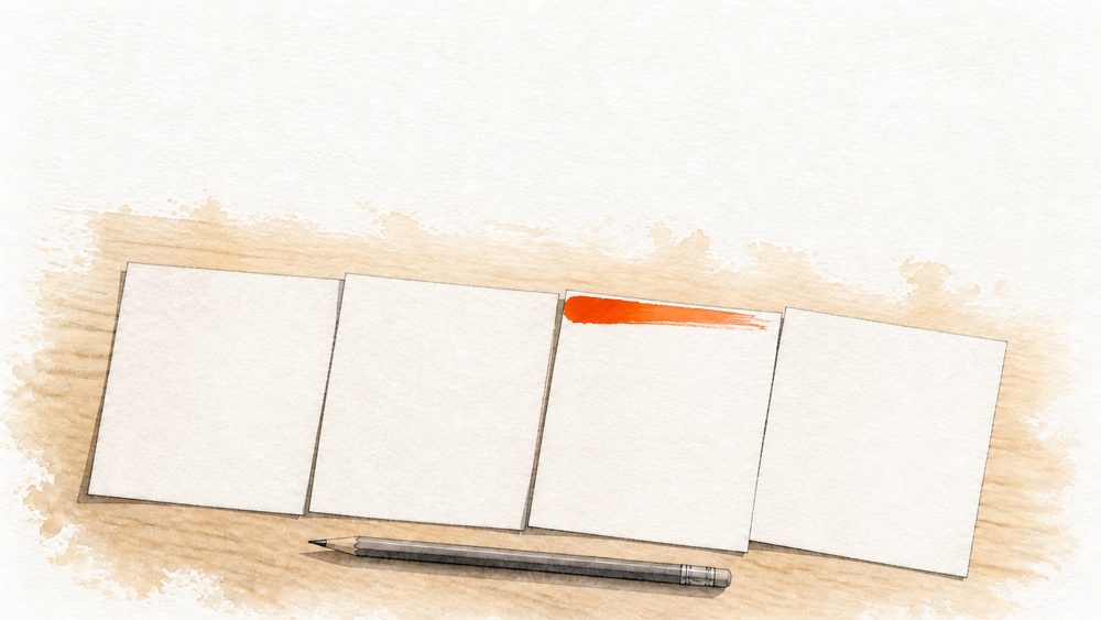 Vier Karten nebeneinander auf einem Holztisch, die dritte mit einem orangen Strich markiert – die vier Phasen des Solo-Programms, gezeichnet im Aquarellstil
