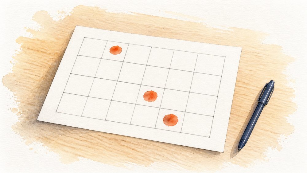 Ein handgezeichnetes Monatsraster mit drei orange markierten Feldern und ein Stift daneben – die Themenmonate des Solo-Lab, gezeichnet im Aquarellstil