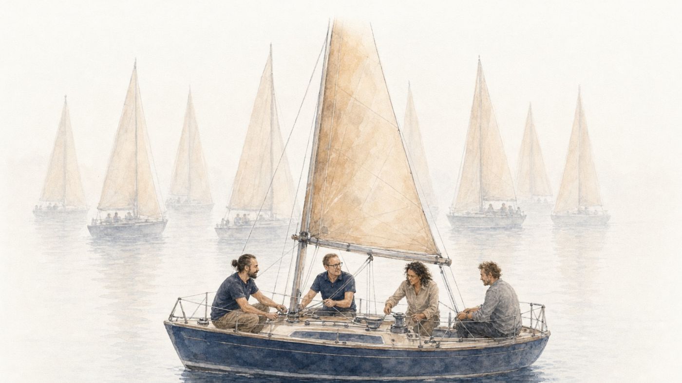 Aquarell: Im Dunst liegen mehrere nahezu gleiche Segelboote, im Vordergrund segelt ein dunkelblaues Boot mit klaren Linien, an Bord Marco, Daniel und zwei Teilnehmende