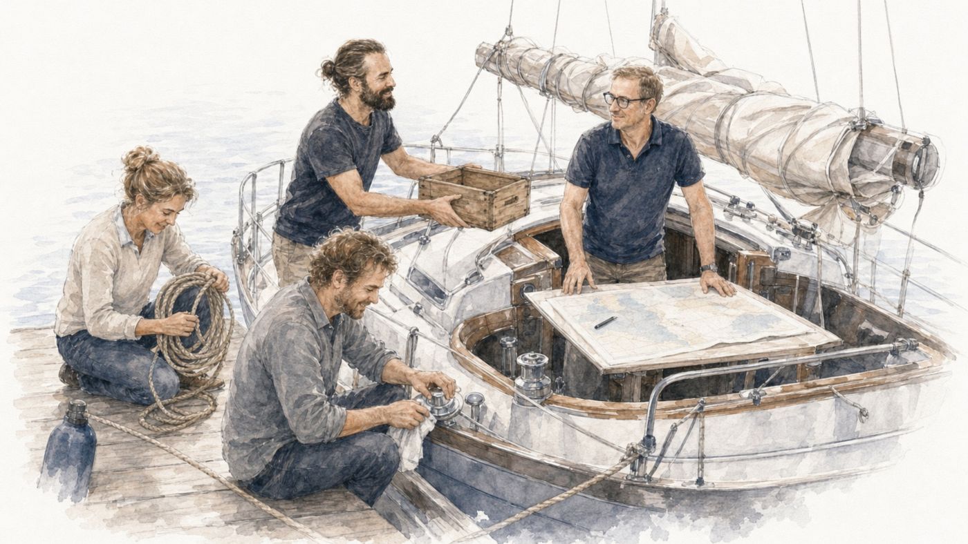 Aquarell: Am Steg wickelt eine Frau eine Leine auf und ein Mann poliert einen Beschlag, Daniel reicht eine Kiste an Bord, Marco steht am Kartentisch über einer aufgeschlagenen Seekarte