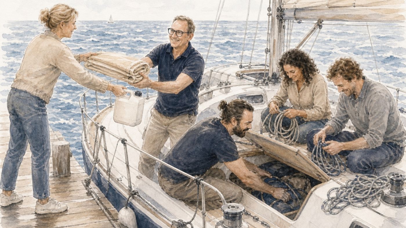 Aquarell: Am Steg reicht eine Frau ein zusammengelegtes Segel und einen Kanister an Bord, Marco nimmt beides entgegen, Daniel verstaut Ausrüstung, zwei Teilnehmende sortieren Leinen