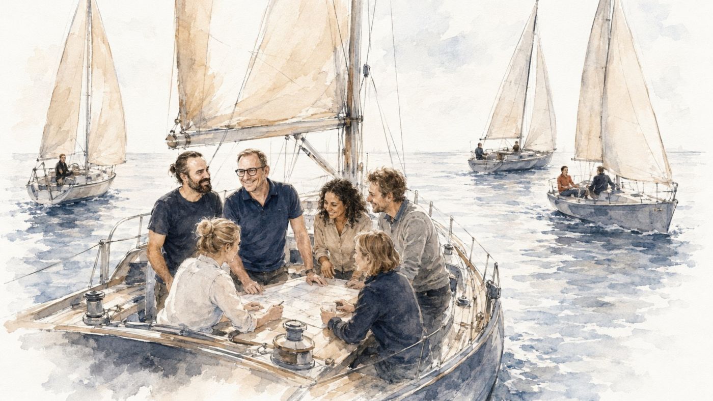 Aquarell: Sechs Menschen stehen auf dem Achterdeck einer Segelyacht um eine Seekarte und beraten sich, ringsum weitere Segelboote auf ruhiger See